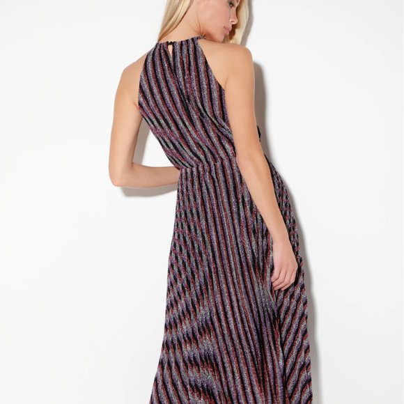 Purple Multi Striped Pleated Halter Midi Dress - Picture 3 of 8